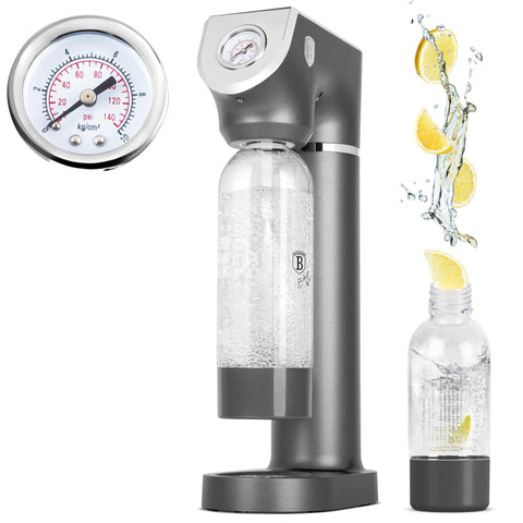 Product image of Soda maker with 2bottles and barometer universal CO2cylinders size. Part of the Anthracite Collection . Features: • Material: stainless steel, pp • Size: 43,5*22*12 cm • 2 pcs pp bottle with cup: 1,0L and 0,5L • Universal, standard CO2 cylinders size (not inclu.... (Studio view). Official Berlinger Haus product, boosted by Promintra sl.