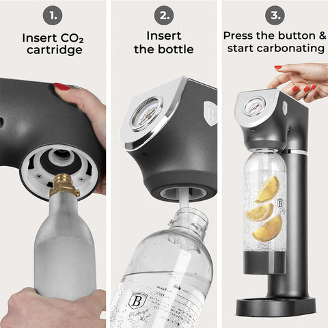 Product image of Soda maker with 2bottles and barometer universal CO2cylinders size. Part of the Anthracite Collection . Features: • Material: stainless steel, pp • Size: 43,5*22*12 cm • 2 pcs pp bottle with cup: 1,0L and 0,5L • Universal, standard CO2 cylinders size (not inclu.... (Studio view). Official Berlinger Haus product, boosted by Promintra sl.