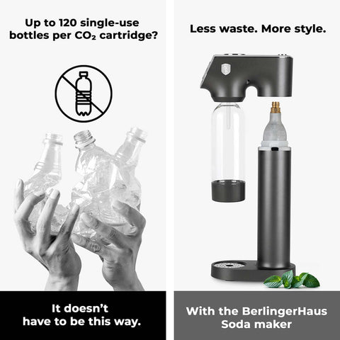 Product image of Soda maker with 2bottles and barometer universal CO2cylinders size. Part of the Anthracite Collection . Features: • Material: stainless steel, pp • Size: 43,5*22*12 cm • 2 pcs pp bottle with cup: 1,0L and 0,5L • Universal, standard CO2 cylinders size (not inclu.... (Studio view). Official Berlinger Haus product, boosted by Promintra sl.