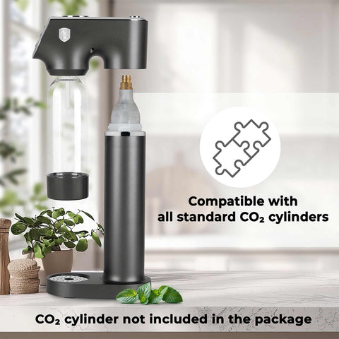 Product image of Soda maker with 2bottles and barometer universal CO2cylinders size. Part of the Anthracite Collection . Features: • Material: stainless steel, pp • Size: 43,5*22*12 cm • 2 pcs pp bottle with cup: 1,0L and 0,5L • Universal, standard CO2 cylinders size (not inclu.... (Studio view). Official Berlinger Haus product, boosted by Promintra sl.