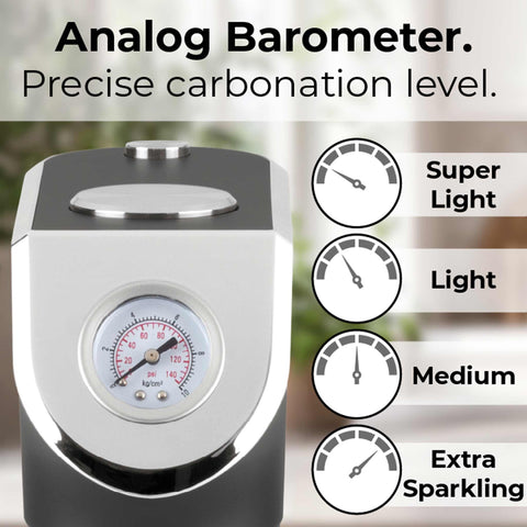 Product image of Soda maker with 2bottles and barometer universal CO2cylinders size. Part of the Anthracite Collection . Features: • Material: stainless steel, pp • Size: 43,5*22*12 cm • 2 pcs pp bottle with cup: 1,0L and 0,5L • Universal, standard CO2 cylinders size (not inclu.... (Studio view). Official Berlinger Haus product, boosted by Promintra sl.