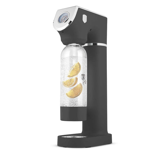 Product image of Soda maker with 2bottles and barometer universal CO2cylinders size. Part of the Anthracite Collection . Features: • Material: stainless steel, pp • Size: 43,5*22*12 cm • 2 pcs pp bottle with cup: 1,0L and 0,5L • Universal, standard CO2 cylinders size (not inclu.... (Studio view). Official Berlinger Haus product, boosted by Promintra sl.