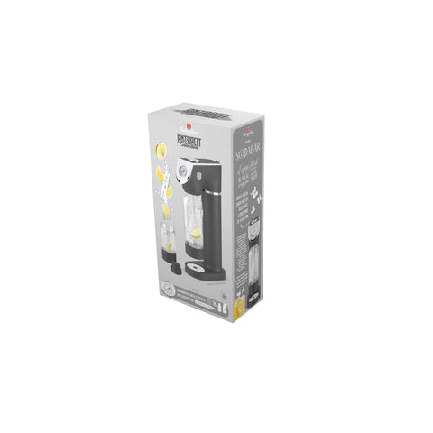 Product image of Soda maker with 2bottles and barometer universal CO2cylinders size. Part of the Anthracite Collection . Features: • Material: stainless steel, pp • Size: 43,5*22*12 cm • 2 pcs pp bottle with cup: 1,0L and 0,5L • Universal, standard CO2 cylinders size (not inclu.... (Studio view). Official Berlinger Haus product, boosted by Promintra sl.