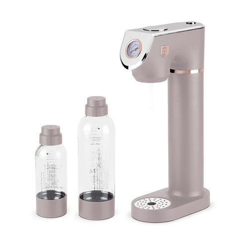 Product image of Soda maker with 2bottles and barometer universal CO2cylinders size. Part of the Taupe Collection . Features: • Material: stainless steel, pp • Size: 43,5*22*12 cm • 2 pcs pp bottle with cup: 1,0L and 0,5L • Universal, standard CO2 cylinders size (not inclu.... (Studio view). Official Berlinger Haus product, boosted by Promintra sl.