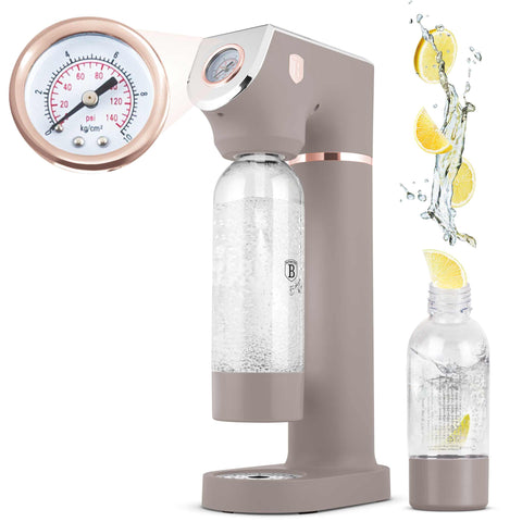 Product image of Soda maker with 2bottles and barometer universal CO2cylinders size. Part of the Taupe Collection . Features: • Material: stainless steel, pp • Size: 43,5*22*12 cm • 2 pcs pp bottle with cup: 1,0L and 0,5L • Universal, standard CO2 cylinders size (not inclu.... (Studio view). Official Berlinger Haus product, boosted by Promintra sl.