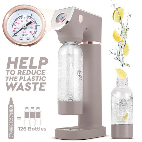 Product image of Soda maker with 2bottles and barometer universal CO2cylinders size. Part of the Taupe Collection . Features: • Material: stainless steel, pp • Size: 43,5*22*12 cm • 2 pcs pp bottle with cup: 1,0L and 0,5L • Universal, standard CO2 cylinders size (not inclu.... (Studio view). Official Berlinger Haus product, boosted by Promintra sl.