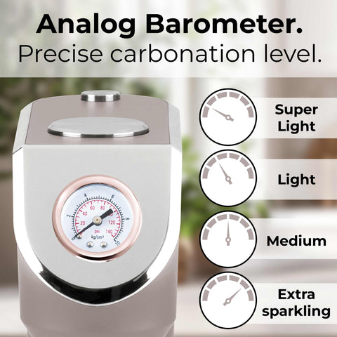 Product image of Soda maker with 2bottles and barometer universal CO2cylinders size. Part of the Taupe Collection . Features: • Material: stainless steel, pp • Size: 43,5*22*12 cm • 2 pcs pp bottle with cup: 1,0L and 0,5L • Universal, standard CO2 cylinders size (not inclu.... (Studio view). Official Berlinger Haus product, boosted by Promintra sl.