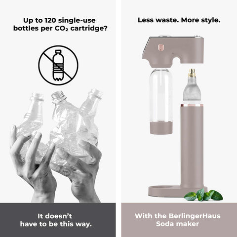 Product image of Soda maker with 2bottles and barometer universal CO2cylinders size. Part of the Taupe Collection . Features: • Material: stainless steel, pp • Size: 43,5*22*12 cm • 2 pcs pp bottle with cup: 1,0L and 0,5L • Universal, standard CO2 cylinders size (not inclu.... (Studio view). Official Berlinger Haus product, boosted by Promintra sl.