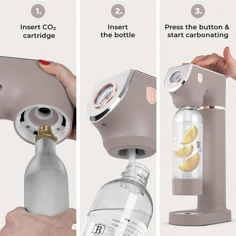 Product image of Soda maker with 2bottles and barometer universal CO2cylinders size. Part of the Taupe Collection . Features: • Material: stainless steel, pp • Size: 43,5*22*12 cm • 2 pcs pp bottle with cup: 1,0L and 0,5L • Universal, standard CO2 cylinders size (not inclu.... (Studio view). Official Berlinger Haus product, boosted by Promintra sl.