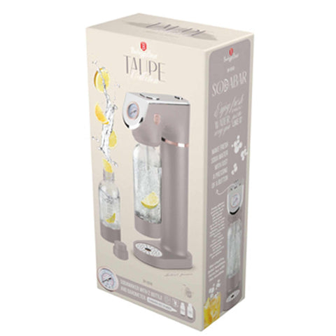 Product image of Soda maker with 2bottles and barometer universal CO2cylinders size. Part of the Taupe Collection . Features: • Material: stainless steel, pp • Size: 43,5*22*12 cm • 2 pcs pp bottle with cup: 1,0L and 0,5L • Universal, standard CO2 cylinders size (not inclu.... (Studio view). Official Berlinger Haus product, boosted by Promintra sl.