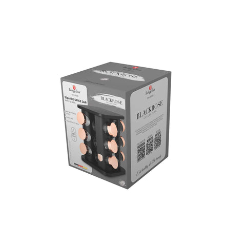 Product image of 13pcs square spice rack black- rose gold. Part of the Black Rose Collection . Features: • Size: 18,5*18,5*21,5 cm • Include: • 12 pcs glass spice jar • Capacity: 90 ml • 360° rotatable stand • Color: black- rose gold. (Studio view). Official Berlinger Haus product, boosted by Promintra sl.
