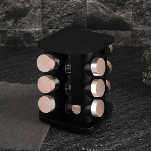 Product image of 13pcs square spice rack black- rose gold. Part of the Black Rose Collection . Features: • Size: 18,5*18,5*21,5 cm • Include: • 12 pcs glass spice jar • Capacity: 90 ml • 360° rotatable stand • Color: black- rose gold. (Studio view). Official Berlinger Haus product, boosted by Promintra sl.