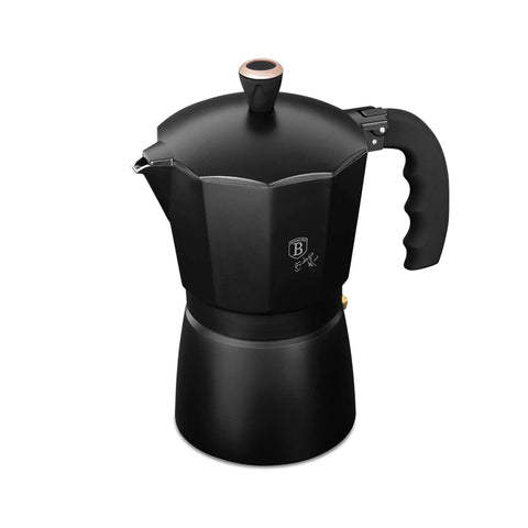 Product image of Coffee maker 6cups. Part of the Black Rose Collection . Features: • Material: aluminum • Capacity: 6 cups, 300 ml • Color: black- rose gold. (Studio view). Official Berlinger Haus product, boosted by Promintra sl.