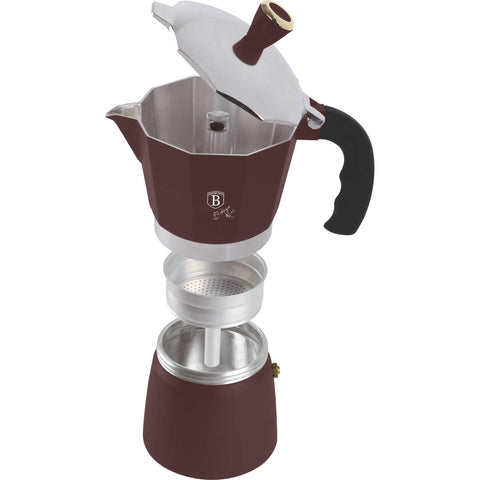 Product image of Coffee maker 3cups. Part of the Leonardo Collection . Features: • Material: aluminum • Capacity: 3 cups, 150 ml • Color: matt bordeaux. (Studio view). Official Berlinger Haus product, boosted by Promintra sl.
