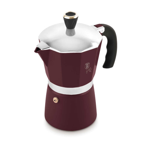 Product image of Coffee maker 3cups. Part of the Leonardo Collection . Features: • Material: aluminum • Capacity: 3 cups, 150 ml • Color: matt bordeaux. (Studio view). Official Berlinger Haus product, boosted by Promintra sl.