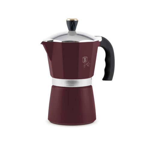 Product image of Coffee maker 3cups. Part of the Leonardo Collection . Features: • Material: aluminum • Capacity: 3 cups, 150 ml • Color: matt bordeaux. (Studio view). Official Berlinger Haus product, boosted by Promintra sl.