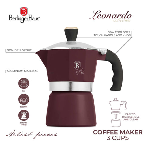 Product image of Coffee maker 3cups. Part of the Leonardo Collection . Features: • Material: aluminum • Capacity: 3 cups, 150 ml • Color: matt bordeaux. (Studio view). Official Berlinger Haus product, boosted by Promintra sl.