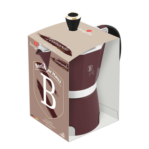 Product image of Coffee maker 3cups. Part of the Leonardo Collection . Features: • Material: aluminum • Capacity: 3 cups, 150 ml • Color: matt bordeaux. (Studio view). Official Berlinger Haus product, boosted by Promintra sl.
