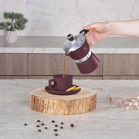 Product image of Coffee maker 3cups. Part of the Leonardo Collection . Features: • Material: aluminum • Capacity: 3 cups, 150 ml • Color: matt bordeaux. (Studio view). Official Berlinger Haus product, boosted by Promintra sl.