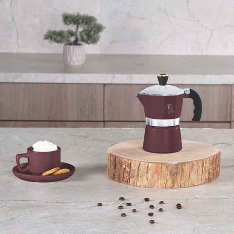 Product image of Coffee maker 3cups. Part of the Leonardo Collection . Features: • Material: aluminum • Capacity: 3 cups, 150 ml • Color: matt bordeaux. (Studio view). Official Berlinger Haus product, boosted by Promintra sl.