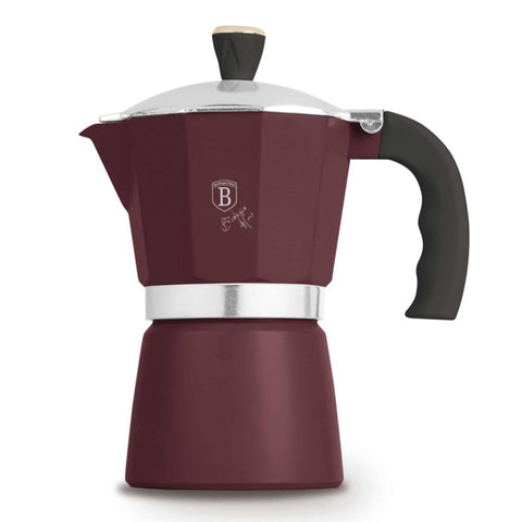 Product image of Coffee maker 6cups. Part of the Leonardo Collection . Features: • Material: aluminum • Capacity: 6 cups, 300 ml • Color: matt bordeaux. (Studio view). Official Berlinger Haus product, boosted by Promintra sl.