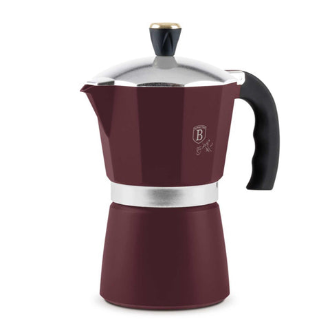 Product image of Coffee maker 6cups. Part of the Leonardo Collection . Features: • Material: aluminum • Capacity: 6 cups, 300 ml • Color: matt bordeaux. (Studio view). Official Berlinger Haus product, boosted by Promintra sl.