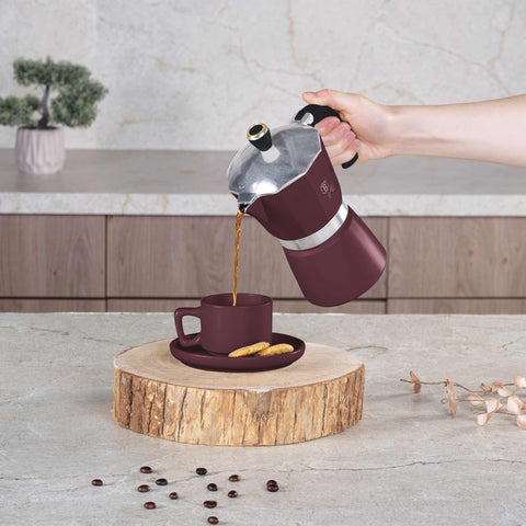 Product image of Coffee maker 6cups. Part of the Leonardo Collection . Features: • Material: aluminum • Capacity: 6 cups, 300 ml • Color: matt bordeaux. (Studio view). Official Berlinger Haus product, boosted by Promintra sl.