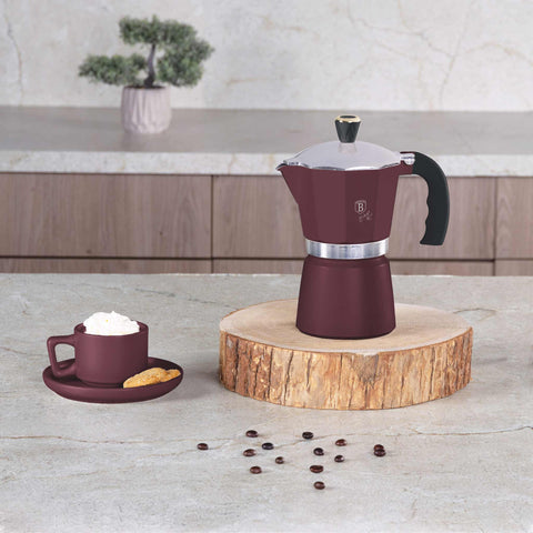 Product image of Coffee maker 6cups. Part of the Leonardo Collection . Features: • Material: aluminum • Capacity: 6 cups, 300 ml • Color: matt bordeaux. (Studio view). Official Berlinger Haus product, boosted by Promintra sl.