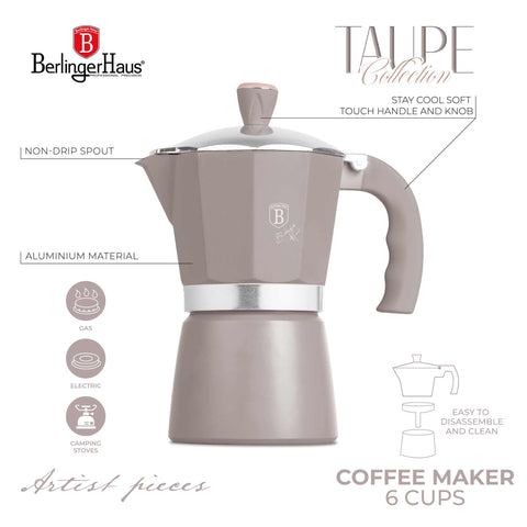 BH/8569N, Cafetera de 6 tazas, color topo mate, cafetera, cafetera moka, moka express, electrodomésticos de cocina