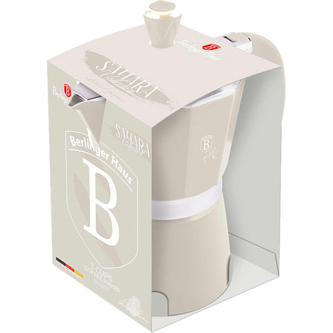 Product image of Coffee maker 3cups. Part of the Sahara Collection . Features: • Material: aluminum • Capacity: 3 cups, 150 ml • Color: matt cream. (Studio view). Official Berlinger Haus product, boosted by Promintra sl.