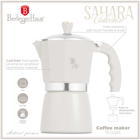 Product image of Coffee maker 9cups. Part of the Sahara Collection . Features: • Material: aluminum • Capacity: 9 cups, 450 ml • Color: matt cream. (Studio view). Official Berlinger Haus product, boosted by Promintra sl.