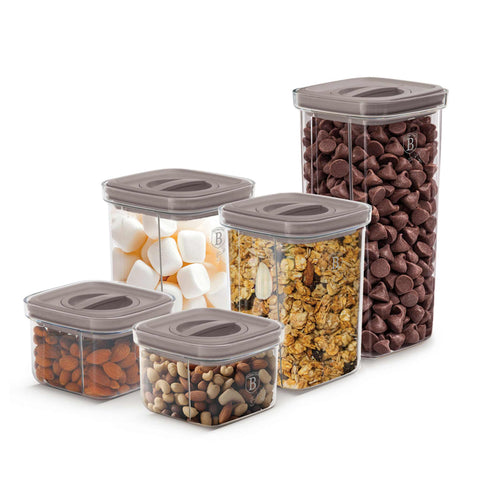 Product image of 5+5pcs canister set. Part of the Taupe Collection . Features: • Material: plastic • 2 pcs 460 ml canister: 11,2*11,2*8 cm • 2 pcs 1100 ml canister: 11,2*11,2*15 cm • 1 pc 1500 ml canister: 11,2*11,2*23 cm • Co.... (Conceptual view). Official Berlinger Haus product, boosted by Promintra sl.