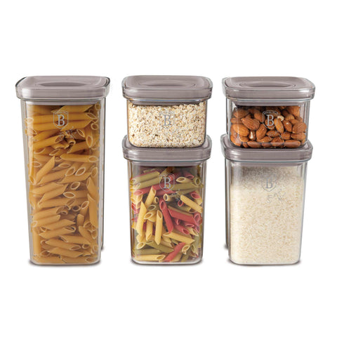Product image of 5+5pcs canister set. Part of the Taupe Collection . Features: • Material: plastic • 2 pcs 460 ml canister: 11,2*11,2*8 cm • 2 pcs 1100 ml canister: 11,2*11,2*15 cm • 1 pc 1500 ml canister: 11,2*11,2*23 cm • Co.... (Conceptual view). Official Berlinger Haus product, boosted by Promintra sl.