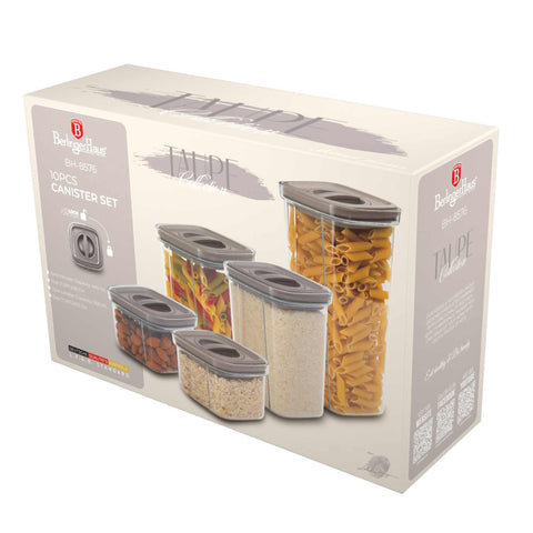 Product image of 5+5pcs canister set. Part of the Taupe Collection . Features: • Material: plastic • 2 pcs 460 ml canister: 11,2*11,2*8 cm • 2 pcs 1100 ml canister: 11,2*11,2*15 cm • 1 pc 1500 ml canister: 11,2*11,2*23 cm • Co.... (Conceptual view). Official Berlinger Haus product, boosted by Promintra sl.