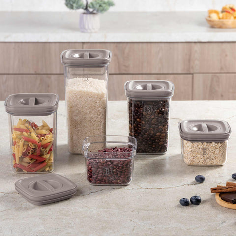 Product image of 5+5pcs canister set. Part of the Taupe Collection . Features: • Material: plastic • 2 pcs 460 ml canister: 11,2*11,2*8 cm • 2 pcs 1100 ml canister: 11,2*11,2*15 cm • 1 pc 1500 ml canister: 11,2*11,2*23 cm • Co.... (Conceptual view). Official Berlinger Haus product, boosted by Promintra sl.