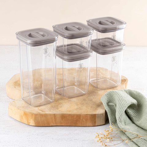 Product image of 5+5pcs canister set. Part of the Taupe Collection . Features: • Material: plastic • 2 pcs 460 ml canister: 11,2*11,2*8 cm • 2 pcs 1100 ml canister: 11,2*11,2*15 cm • 1 pc 1500 ml canister: 11,2*11,2*23 cm • Co.... (Conceptual view). Official Berlinger Haus product, boosted by Promintra sl.