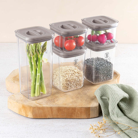 Product image of 5+5pcs canister set. Part of the Taupe Collection . Features: • Material: plastic • 2 pcs 460 ml canister: 11,2*11,2*8 cm • 2 pcs 1100 ml canister: 11,2*11,2*15 cm • 1 pc 1500 ml canister: 11,2*11,2*23 cm • Co.... (Conceptual view). Official Berlinger Haus product, boosted by Promintra sl.