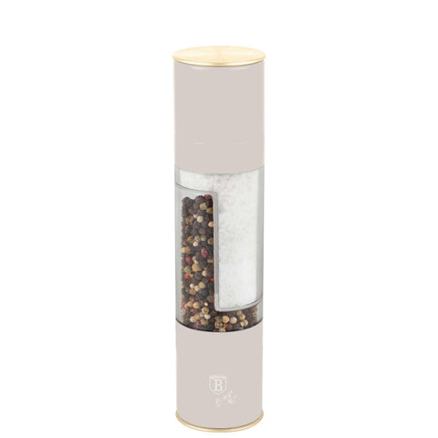 Product image of 2in1 pepper and salt mill. Part of the Sahara Collection . Features: • Material: stainless steel with CERAMIC grinder • Color: matt cream. (Studio view). Official Berlinger Haus product, boosted by Promintra sl.
