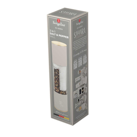 Product image of 2in1 pepper and salt mill. Part of the Sahara Collection . Features: • Material: stainless steel with CERAMIC grinder • Color: matt cream. (Studio view). Official Berlinger Haus product, boosted by Promintra sl.