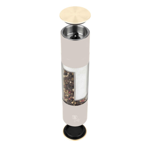 Product image of 2in1 pepper and salt mill. Part of the Sahara Collection . Features: • Material: stainless steel with CERAMIC grinder • Color: matt cream. (Studio view). Official Berlinger Haus product, boosted by Promintra sl.