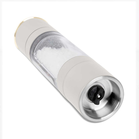 Product image of 2in1 pepper and salt mill. Part of the Sahara Collection . Features: • Material: stainless steel with CERAMIC grinder • Color: matt cream. (Studio view). Official Berlinger Haus product, boosted by Promintra sl.