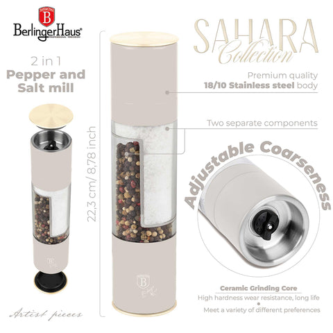 Product image of 2in1 pepper and salt mill. Part of the Sahara Collection . Features: • Material: stainless steel with CERAMIC grinder • Color: matt cream. (Studio view). Official Berlinger Haus product, boosted by Promintra sl.