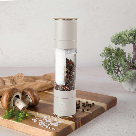 Product image of 2in1 pepper and salt mill. Part of the Sahara Collection . Features: • Material: stainless steel with CERAMIC grinder • Color: matt cream. (Studio view). Official Berlinger Haus product, boosted by Promintra sl.