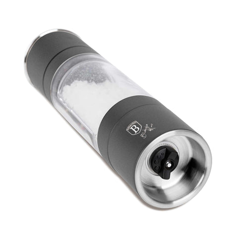 Product image of 2in1 pepper and salt mill. Part of the Anthracite Collection . Features: • Material: stainless steel with CERAMIC grinder • Color: matt anthracite. (Conceptual view). Official Berlinger Haus product, boosted by Promintra sl.