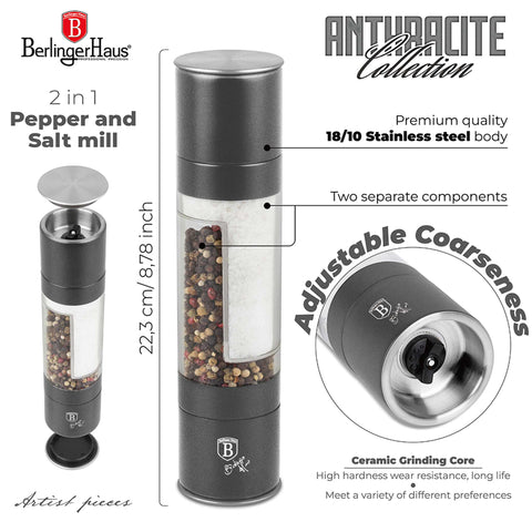 Product image of 2in1 pepper and salt mill. Part of the Anthracite Collection . Features: • Material: stainless steel with CERAMIC grinder • Color: matt anthracite. (Conceptual view). Official Berlinger Haus product, boosted by Promintra sl.