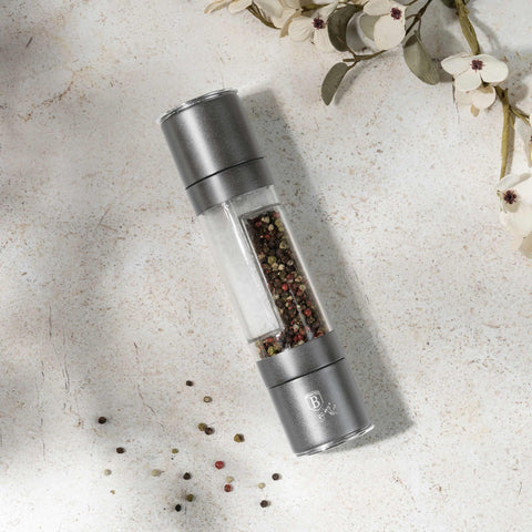 Product image of 2in1 pepper and salt mill. Part of the Anthracite Collection . Features: • Material: stainless steel with CERAMIC grinder • Color: matt anthracite. (Conceptual view). Official Berlinger Haus product, boosted by Promintra sl.