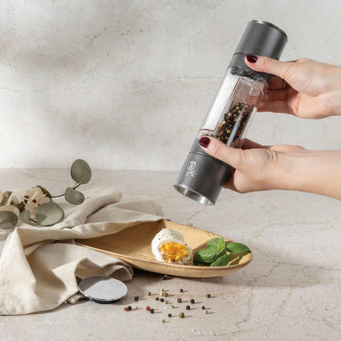 Product image of 2in1 pepper and salt mill. Part of the Anthracite Collection . Features: • Material: stainless steel with CERAMIC grinder • Color: matt anthracite. (Conceptual view). Official Berlinger Haus product, boosted by Promintra sl.