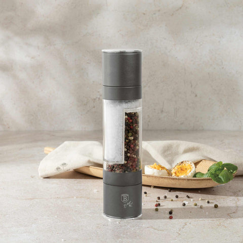 Product image of 2in1 pepper and salt mill. Part of the Anthracite Collection . Features: • Material: stainless steel with CERAMIC grinder • Color: matt anthracite. (Conceptual view). Official Berlinger Haus product, boosted by Promintra sl.