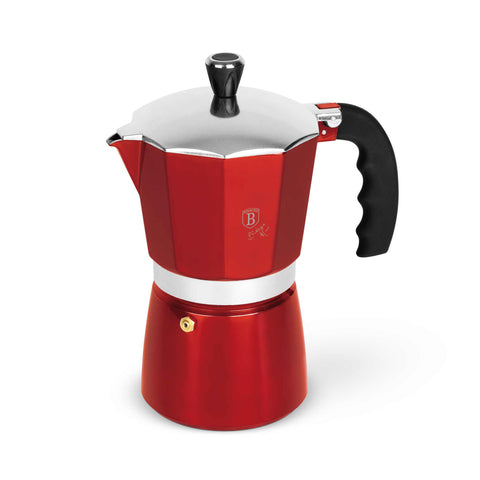 Product image of Coffee maker 9cups. Part of the Metallic Line Burgundy Edition . Features: • Material: aluminum • Capacity: 9 cups, 450 ml • Color: burgundy. (Studio view). Official Berlinger Haus product, boosted by Promintra sl.