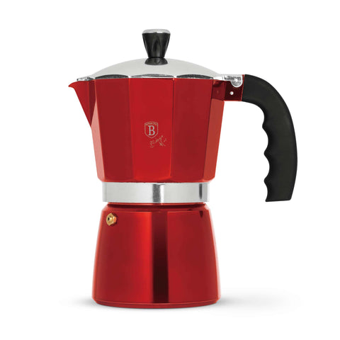 Product image of Coffee maker 9cups. Part of the Metallic Line Burgundy Edition . Features: • Material: aluminum • Capacity: 9 cups, 450 ml • Color: burgundy. (Studio view). Official Berlinger Haus product, boosted by Promintra sl.